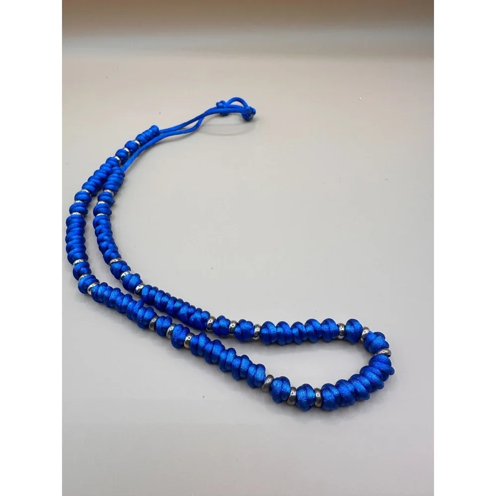 Blue Knotted Cord Necklace Silver Tone Spacer Beads Boho Festival Statement Gift